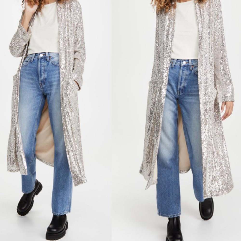 Anthropologie BB Dakota Silver Sequin Duster Sweater Size M